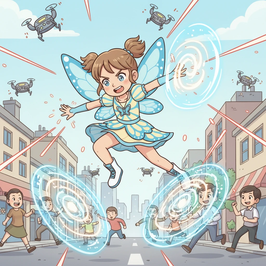 Face aux drones, Koharu utilisa ses pouvoirs avec ingéniosité. Elle esquiva leurs tirs avec une agilité de papillon, puis créa des boucliers de Spirit Rush pour protéger les passants. Avec des rafales ciblées, elle désactiva les drones un par un, sa vitesse étant son plus grand atout.