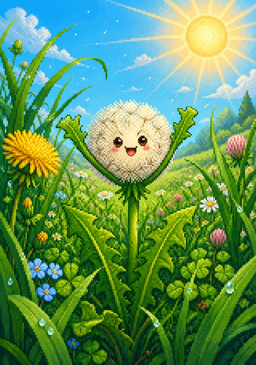Sunny the dandelion wakes up in a lush green meadow, stretching her vibrant green leaves toward the bright morning sun. She peeks out from the grass, a happy little pioneer ready to start her day in the big, wide world.