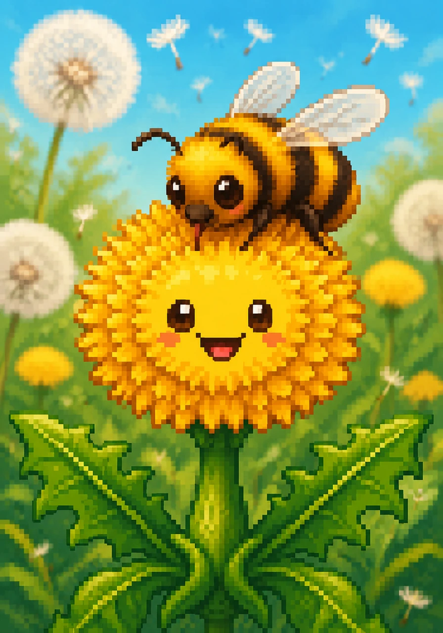 A fuzzy bumblebee stops by to say hello and enjoys a sweet drink of nectar from Sunny's yellow crown. She feels proud to be a golden star providing a delicious snack for her garden friends.