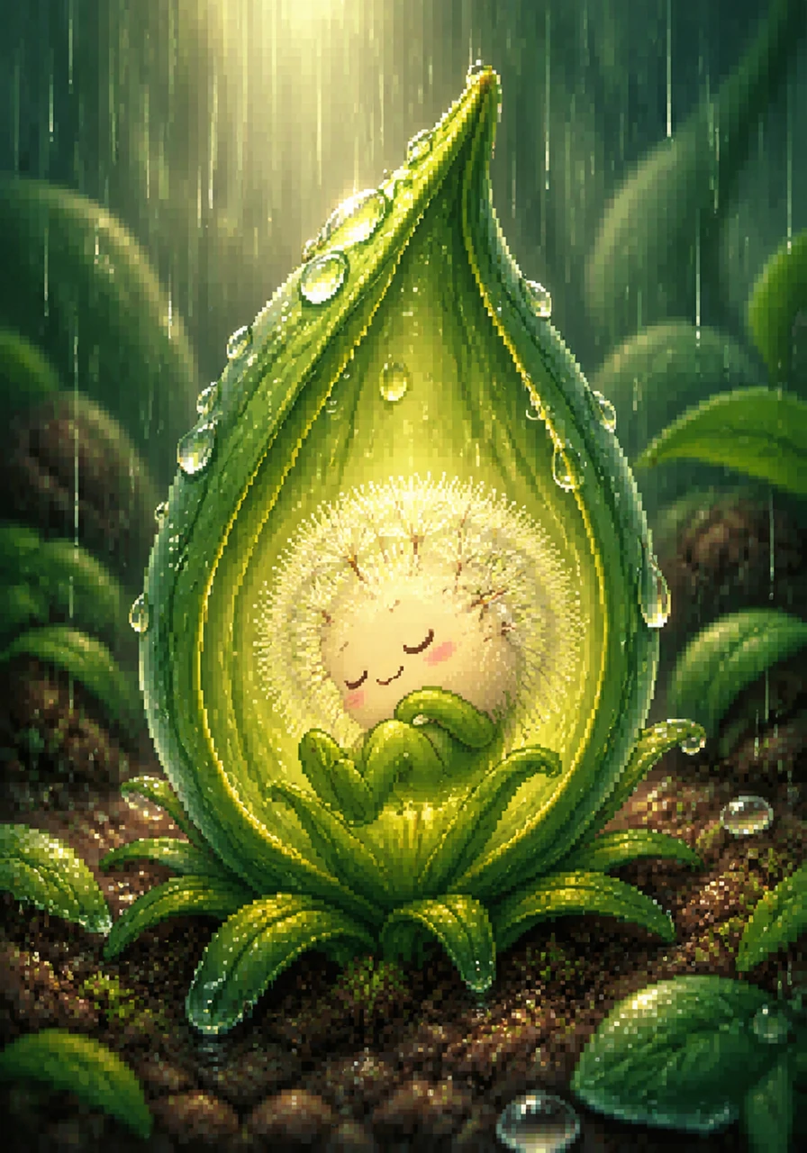 While Sunny sleeps, a secret transformation happens inside her cozy green bud. She drinks up the cool rainwater and dreams of the sky, preparing for her grand reveal as something entirely new.