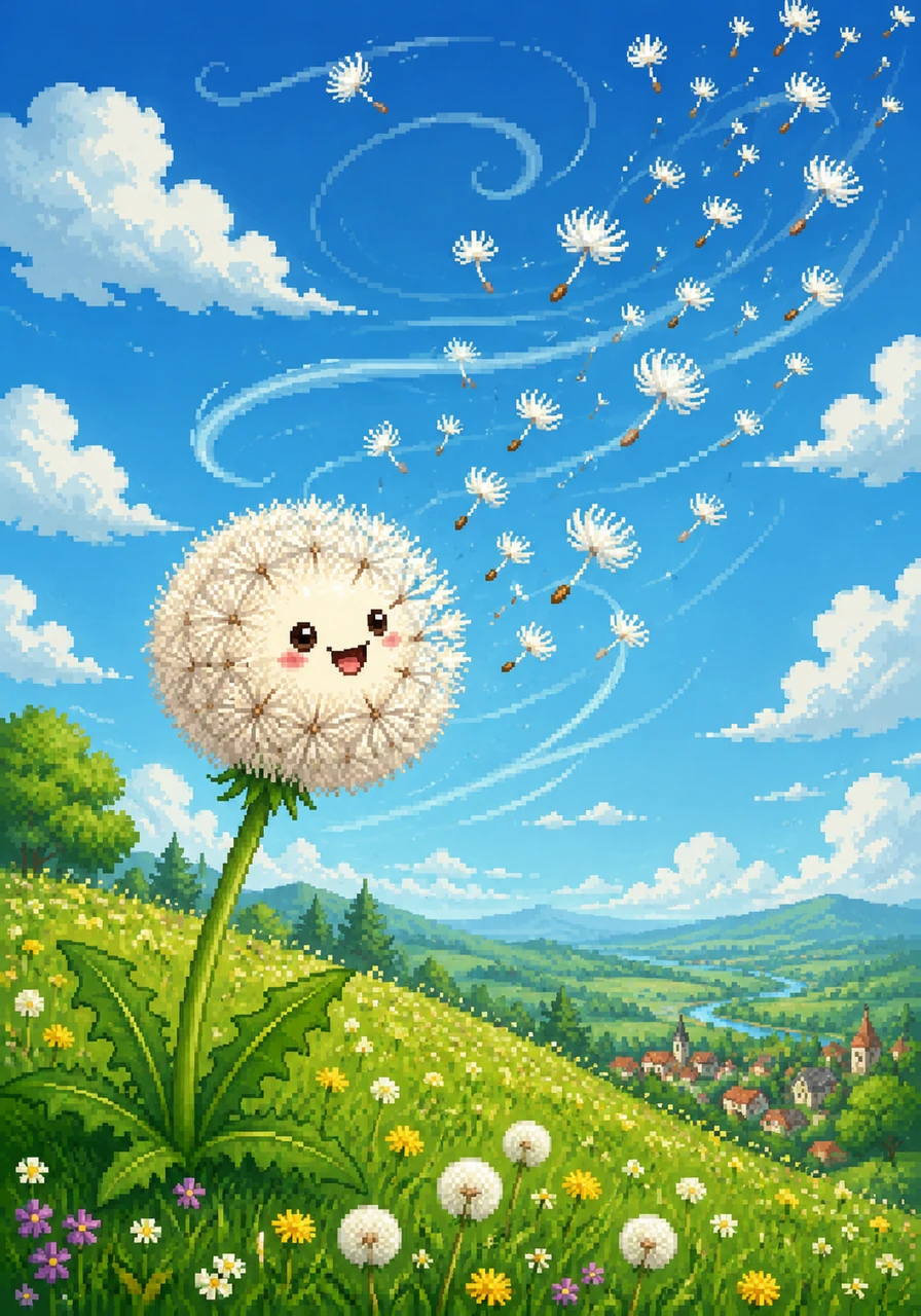 A gentle gust of wind sweeps across the meadow, and with a brave heart, Sunny lets her seeds fly. They dance and twirl through the air like tiny white dancers, floating high above the trees and rooftops.
