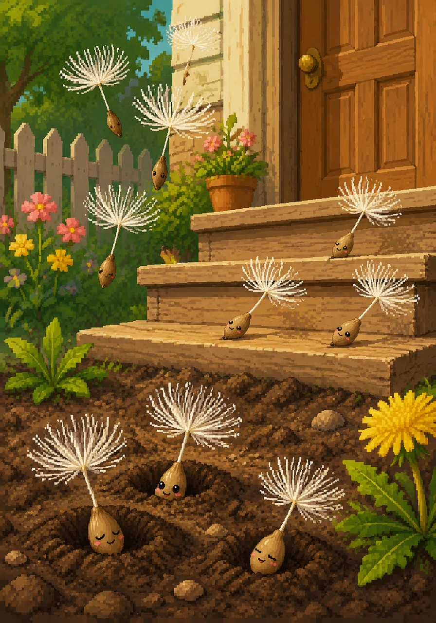 The little seed parachutes travel far and wide, some landing in soft garden beds and others finding homes near friendly front doors. They tuck themselves into the warm, dark earth, waiting for the rain to wake them up.
