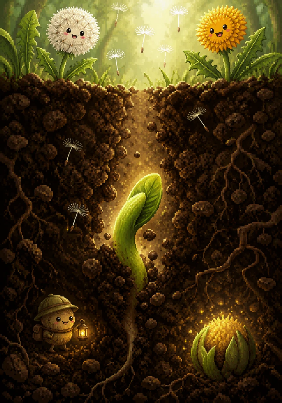 Deep in the soil, a new journey begins as a tiny green sprout pushes through the dirt toward the light. Soon, another bright yellow star will bloom, and the magical story of the pissenlit will start all over again.