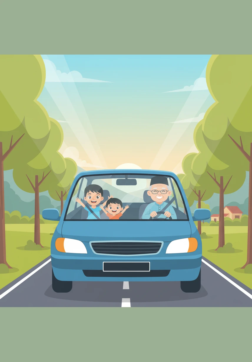 Nukman dan keluarganya memulakan perjalanan pulang ke kampung pada awal pagi yang tenang dan sejuk. Dengan hati yang penuh teruja, mereka menaiki kereta untuk menziarahi Tok Abah dan Tok Nenek yang sudah lama tidak ditemui.