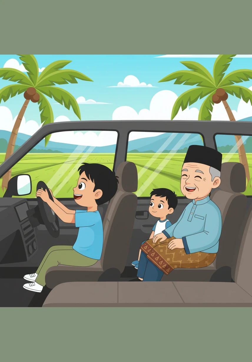 Sepanjang perjalanan, Nukman terpaku melihat keindahan alam dari tingkap kereta yang bergerak laju. Pokok kelapa yang tinggi melambai dan sawah padi yang menghijau luas saujana mata memandang membuatkan hatinya berasa sungguh damai dan gembira.