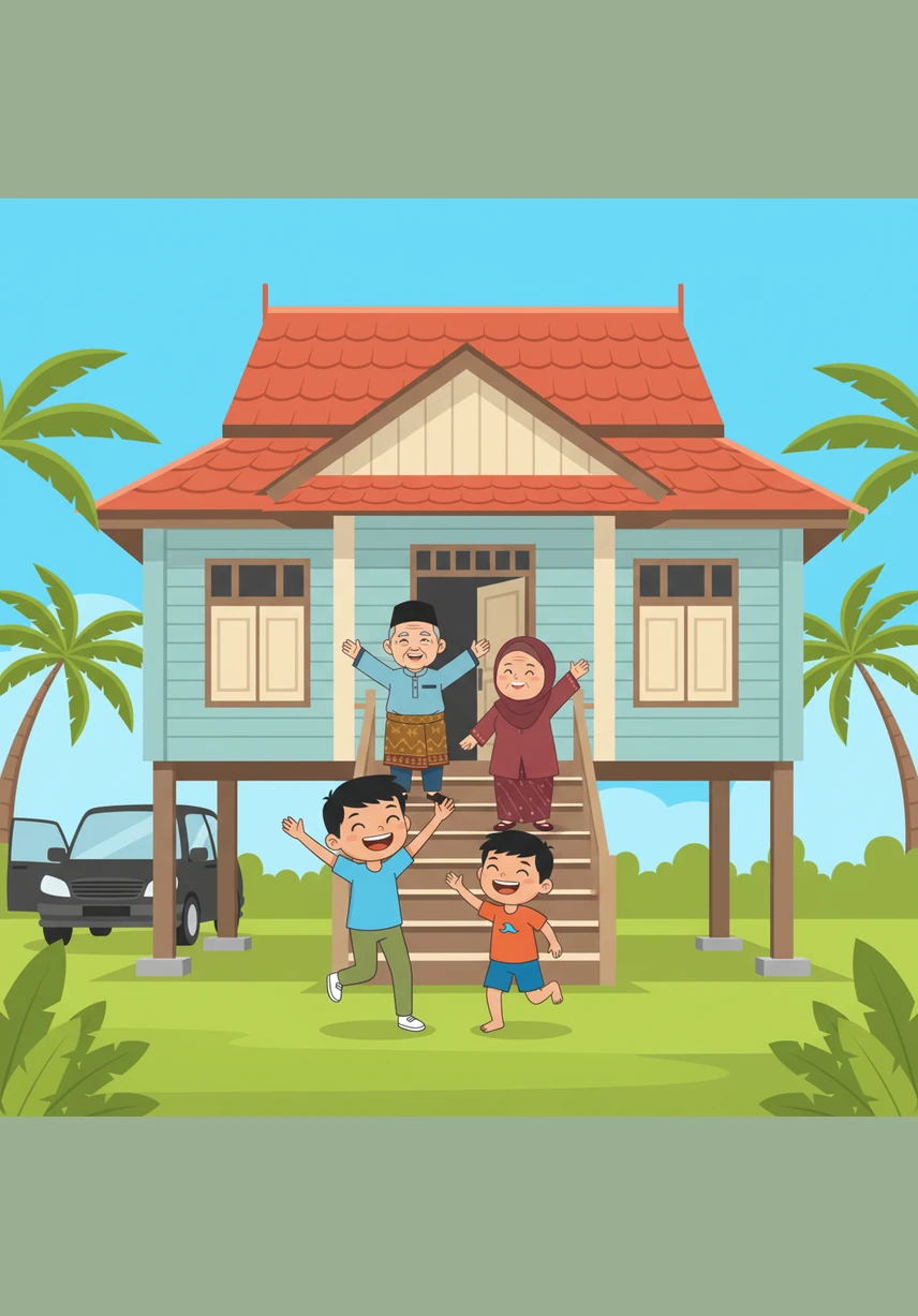 Setibanya di rumah kayu yang klasik, Tok Abah dan Tok Nenek sudah menanti dengan senyuman lebar di hadapan tangga. Nukman dan adiknya segera berlari keluar dari kereta untuk bersalam dan memeluk erat datuk dan nenek kesayangan mereka.