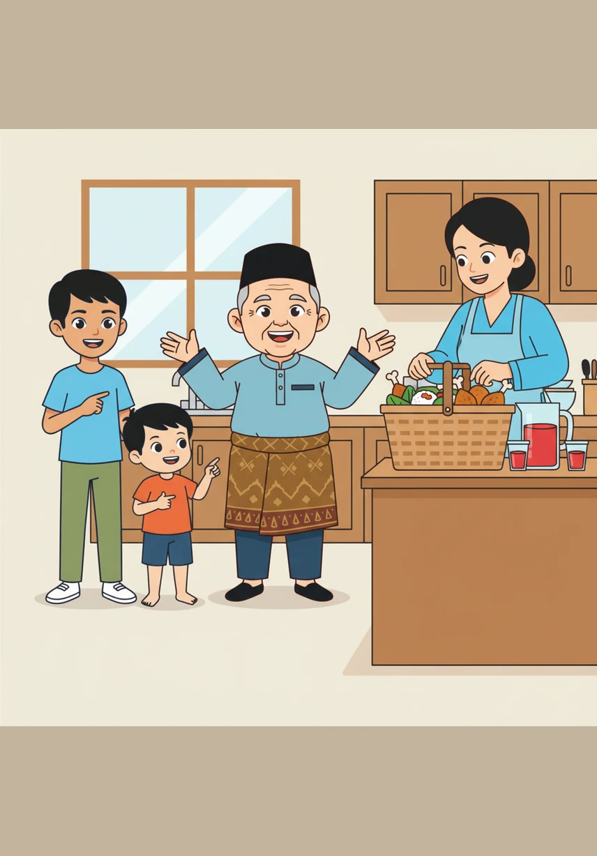 Keesokan harinya, suasana menjadi riuh-rendah apabila Tok Abah mengajak mereka sekeluarga pergi berkelah di air terjun. Ibu sibuk di dapur menyediakan bekal makanan yang menyelerakan seperti nasi lemak, ayam goreng, dan air sirap yang manis.