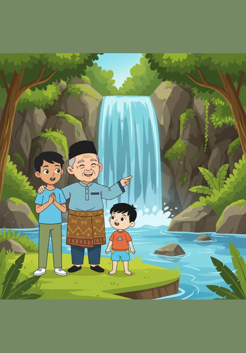 Bunyi deruan air terjun yang kuat menyambut ketibaan mereka di kawasan hutan yang segar dan menghijau. Nukman terpegun melihat air yang sangat jernih mengalir deras di celah-celah batu besar, mewujudkan suasana yang sangat menenangkan.