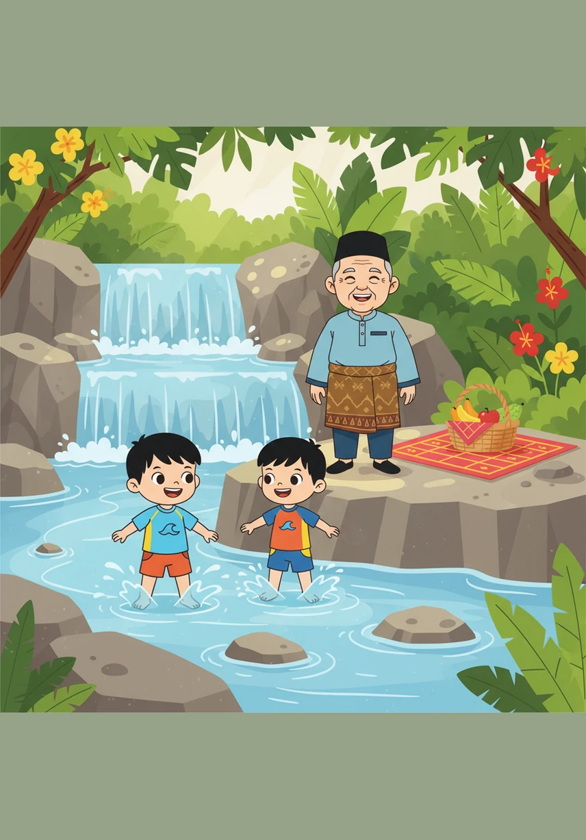 Nukman dan adiknya bermain air dengan penuh kegembiraan di kawasan air terjun yang cetek dan selamat. Air yang sejuk itu terasa sangat menyegarkan badan, sementara Tok Abah sentiasa mengingatkan mereka supaya berhati-hati semasa bermain.
