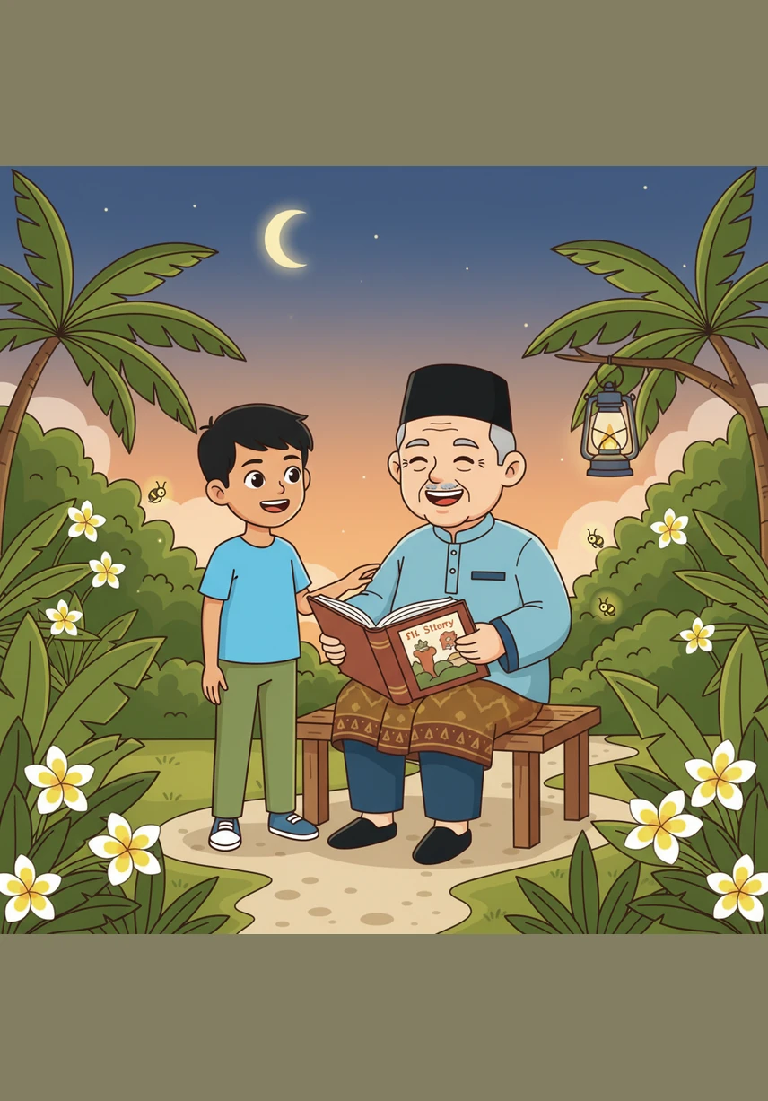 Pada waktu petang, Nukman membantu Tok Abah menyiram pelbagai jenis pokok bunga yang berwarna-warni di halaman rumah. Sementara itu, adiknya seronok bermain dengan kucing peliharaan Tok Nenek sebelum mereka dihidangkan dengan kuih seri muka dan teh panas.