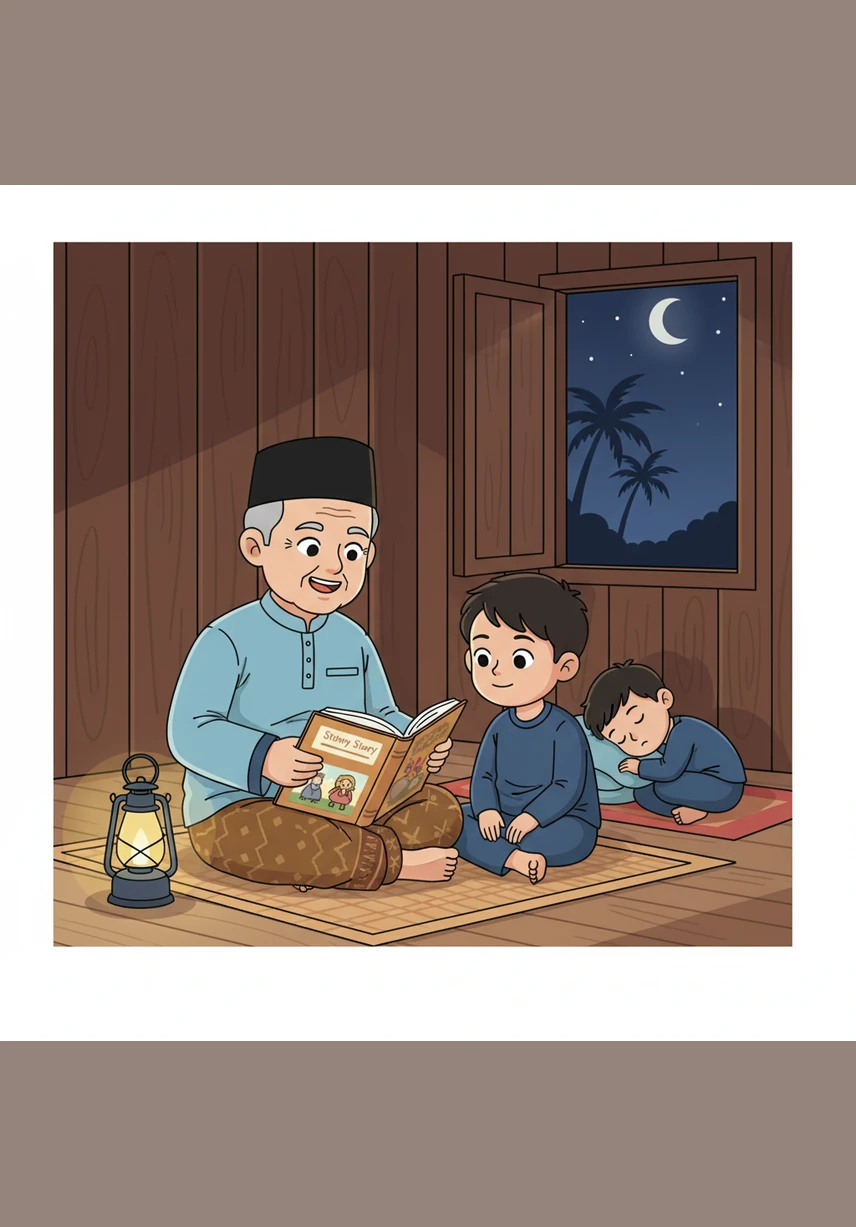 Suasana malam di kampung terasa sangat tenang dengan bunyi cengkerik yang bersahutan di luar rumah. Sambil menikmati makan malam yang ringkas, Nukman mendengar dengan penuh minat cerita-cerita Tok Abah tentang kehidupan di kampung pada zaman dahulu.