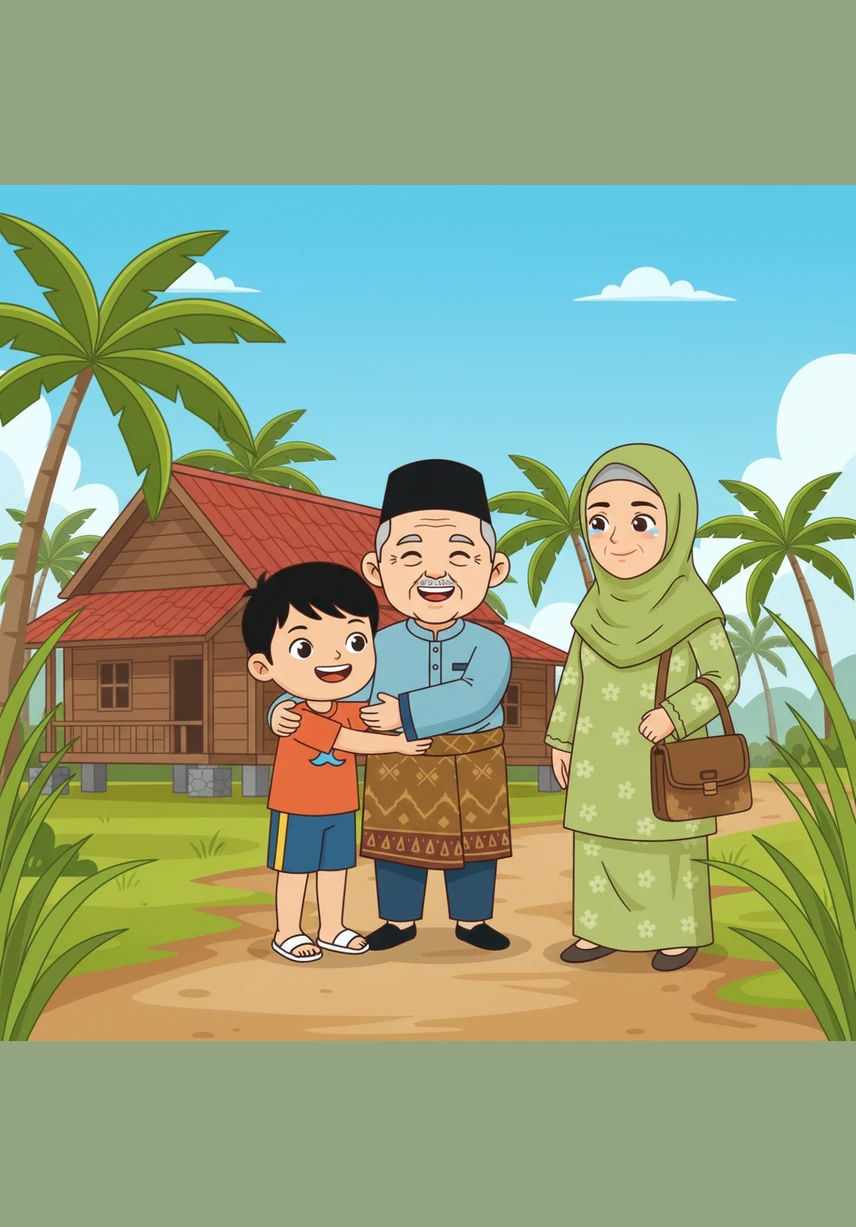 Hari untuk pulang telah tiba, dan Nukman berasa sedikit hiba kerana perlu meninggalkan suasana kampung yang mendamaikan. Sebelum menaiki kereta, dia memeluk Tok Abah dan Tok Nenek serta berjanji akan datang melawat lagi pada cuti sekolah yang akan datang.