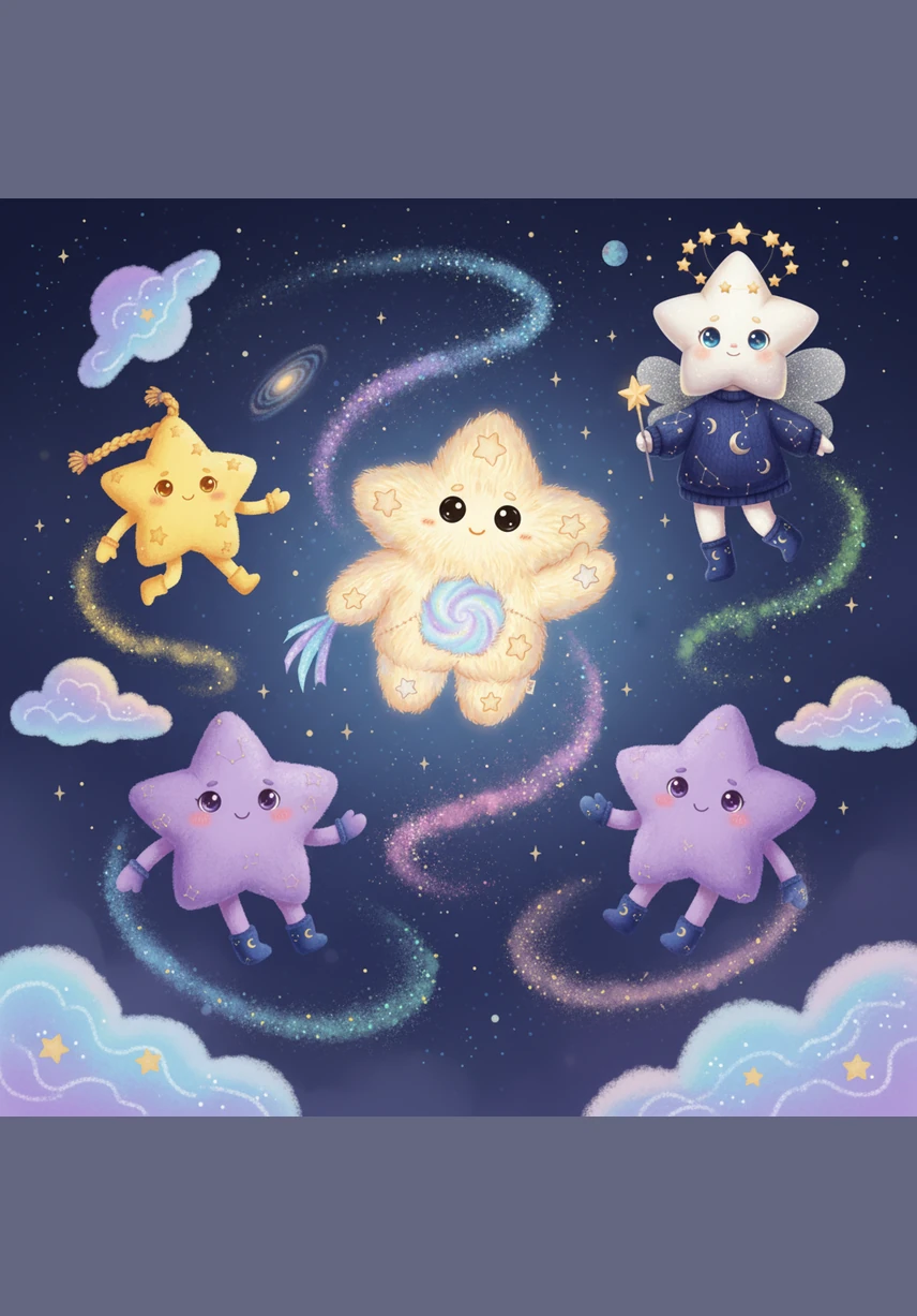 Five radiant star friends named Lumi, Kira, Sela, Nara, and Tala dance across the deep indigo canvas of the night sky. Their trails of stardust create swirling patterns as they leap between soft, glowing clouds in the vast universe.