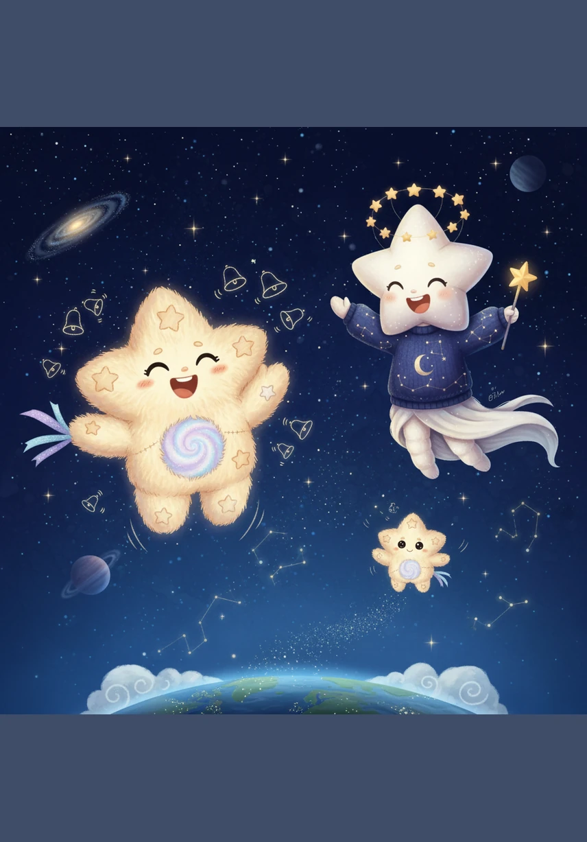 Their laughter echoes through the cosmos, shimmering like bells as they play games of tag among the constellations. Lumi cheers for Kira, their combined light casting a warm, comforting glow over the sleeping world below.