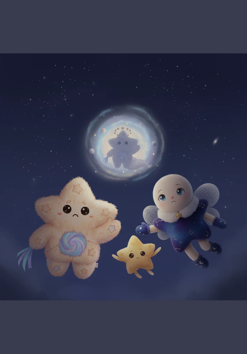 One night, the four friends suddenly stop their game when they realize the sky feels darker than usual. They find Tala huddled near a distant nebula, her light so dim she is almost invisible, and they rush to her side with hearts full of concern.