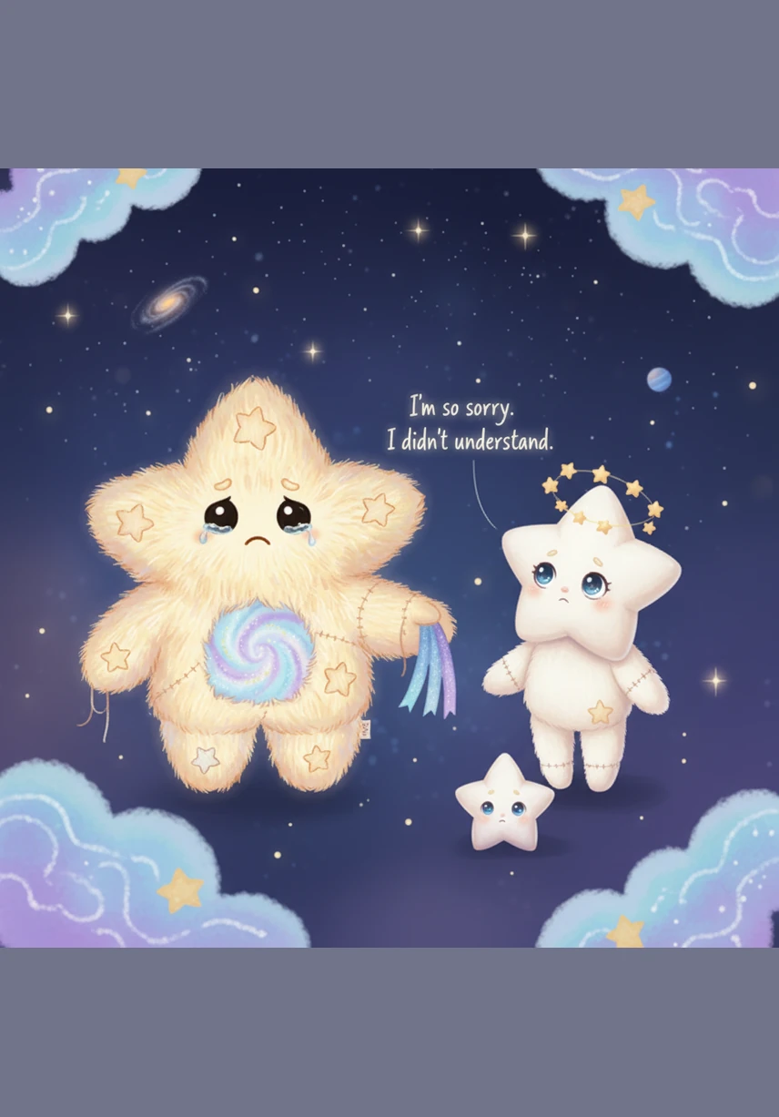 The four stars look at each other in realization, their own lights pulsing with regret for the pain they unknowingly caused. Sela steps forward to apologize, promising that they will never let their games make a friend feel small again.