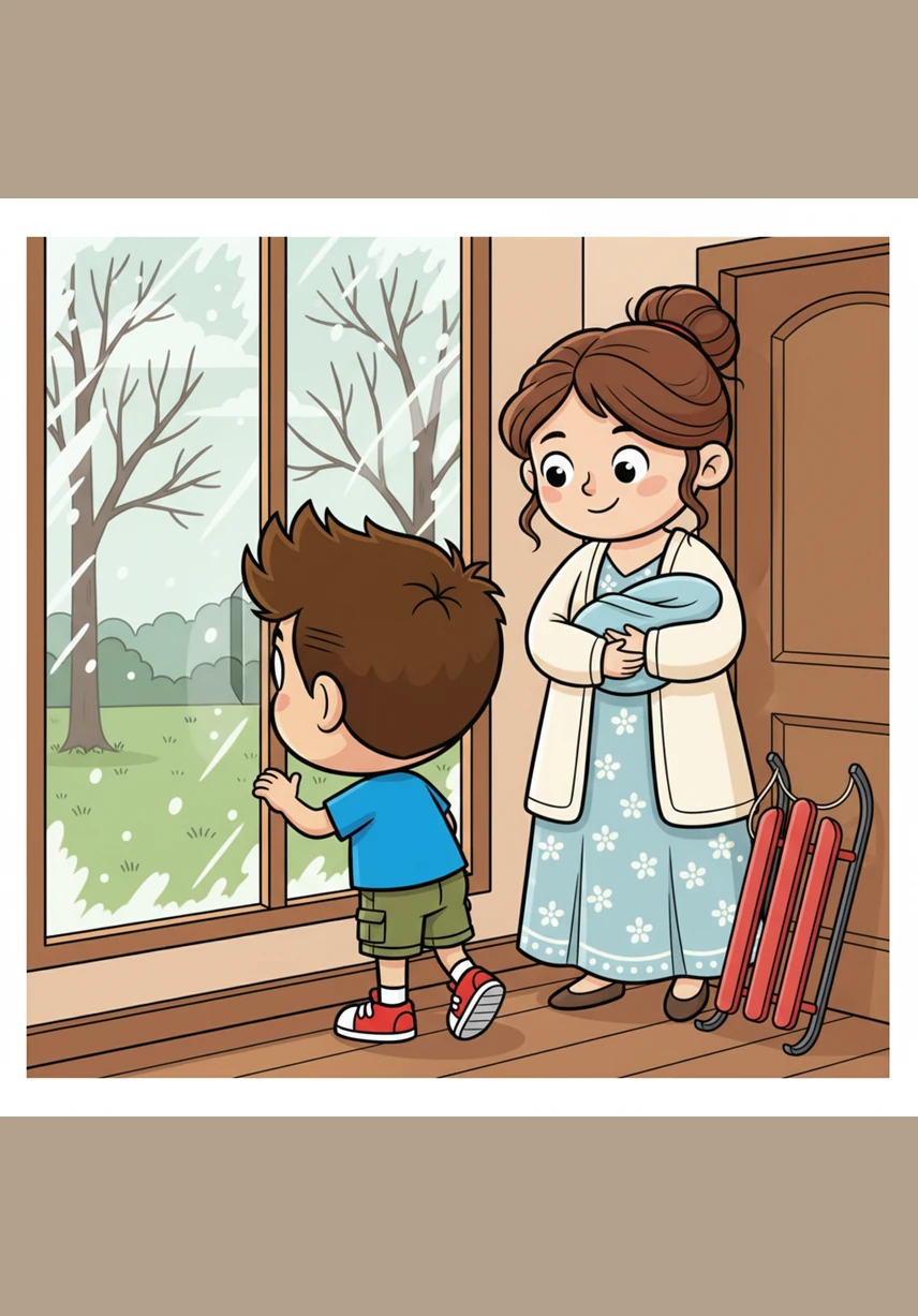 Every morning, David peeked through the frost-covered window, hoping to see a white blanket on the ground. The grass was still green and the trees were bare, but he kept his sled ready by the door, waiting for the sky to change.