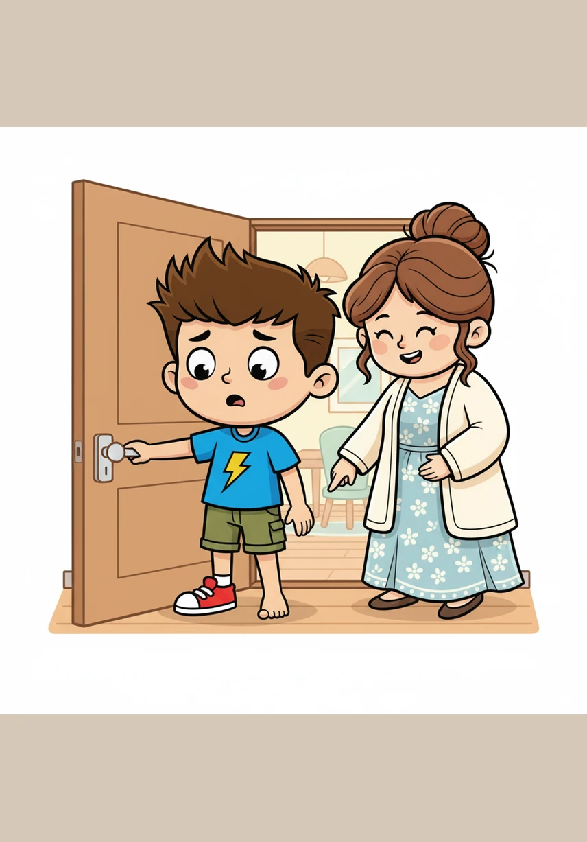 Just as he reached for the door handle, his mother began to laugh softly. “Aren't you forgetting something very important, David?” she asked, pointing down at his feet.