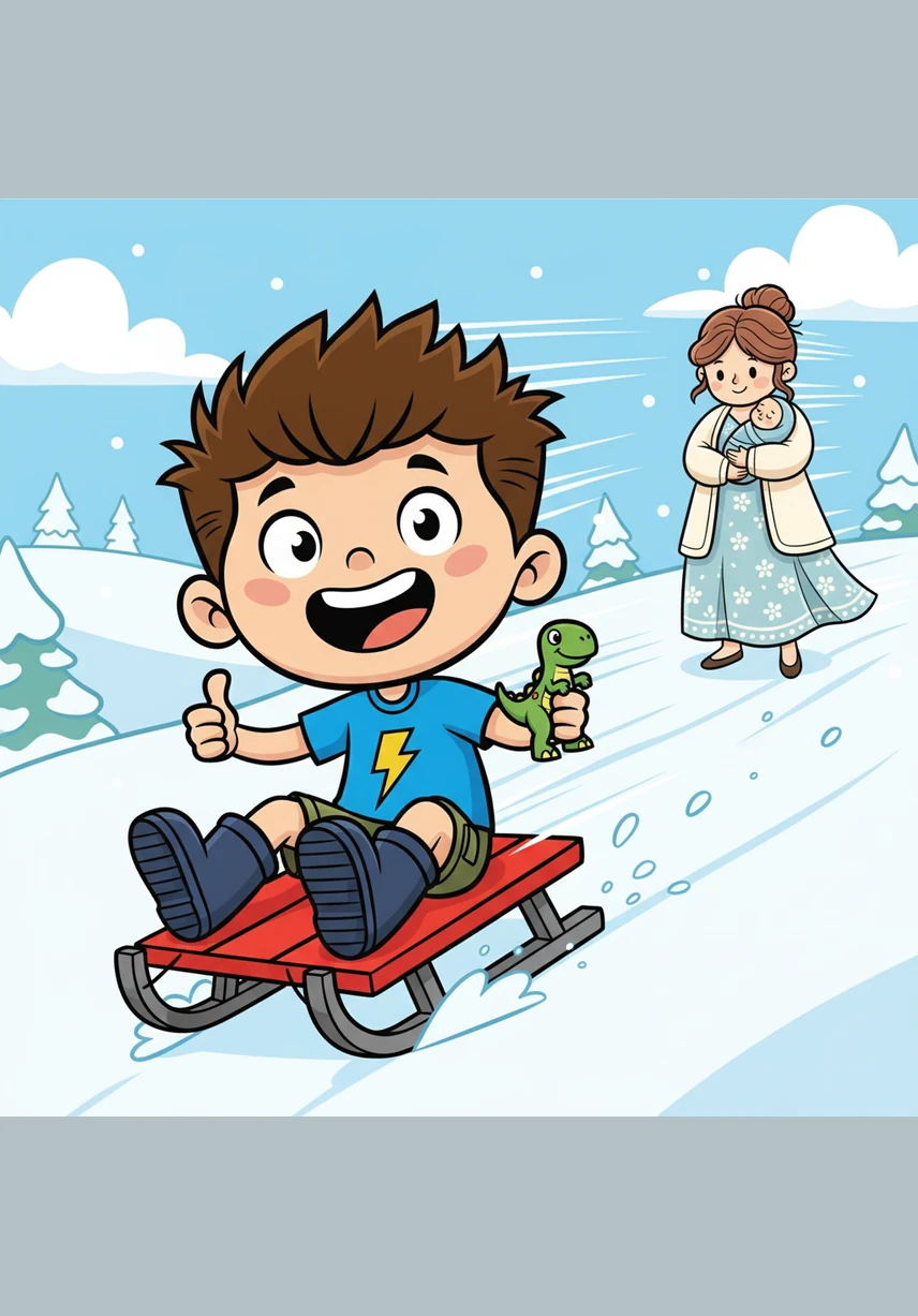 The world blurred by as David zoomed down the slope, his heart racing with pure happiness. His toes stayed perfectly warm and dry in his boots, making his first day of sledding a truly wonderful memory.