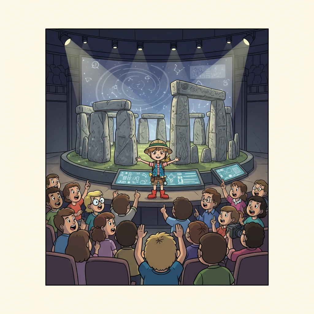 Finally, Aisling presented her findings. The audience gasped as they saw a complete, interactive model of Stonehenge and Jumbaktas, revealing the beauty and mystery of the past. Aisling smiled, knowing she had brought history to life.