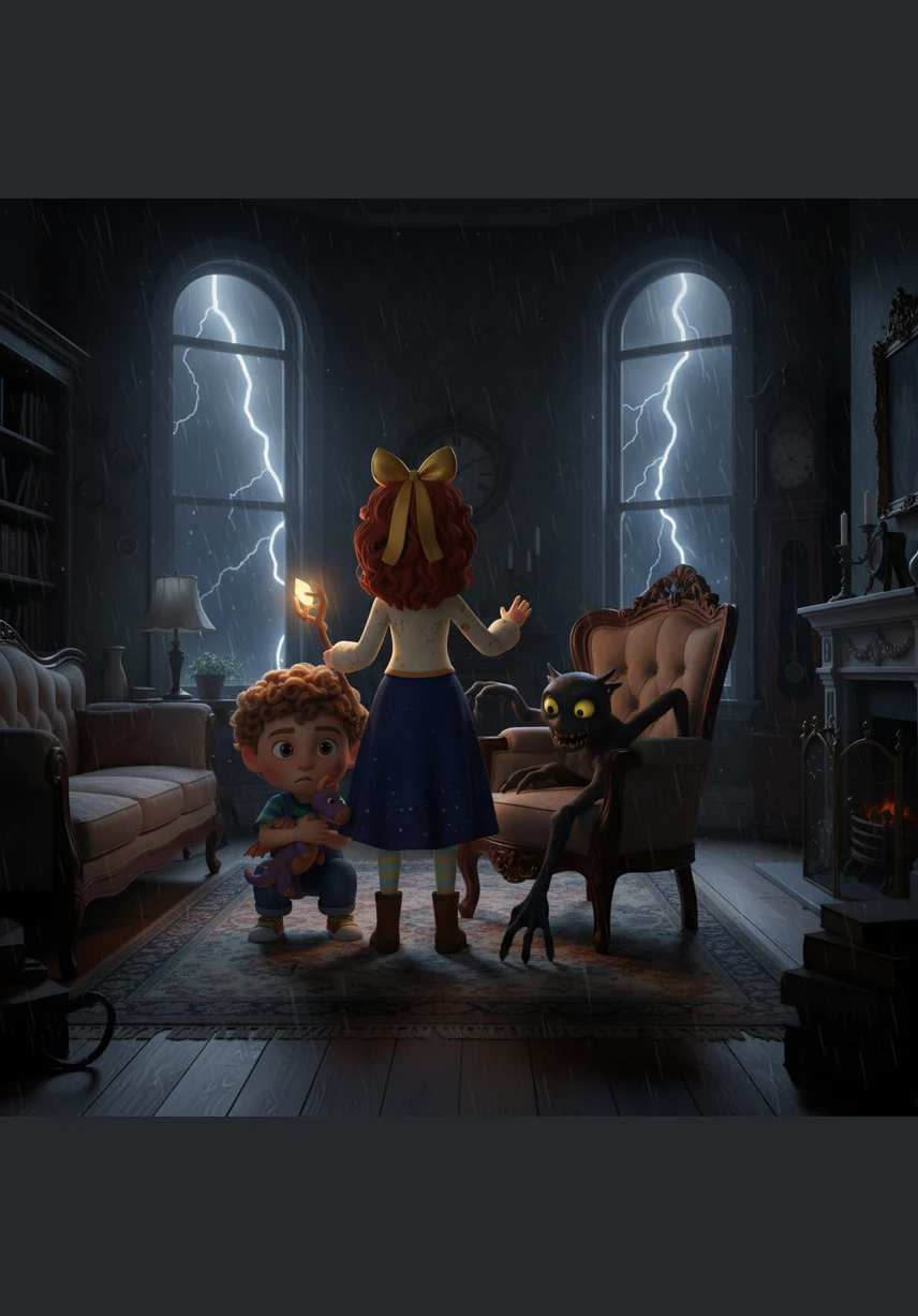 A fierce storm batters the old Victorian house on Elm Street, making the heavy windows rattle in their frames. Inside the dimly lit living room, the only light comes from the flickering television screen and sudden flashes of lightning that illuminate the dark, dusty corners.