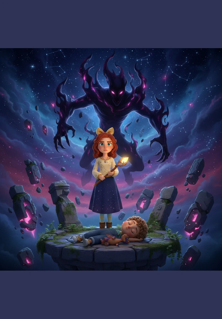 Elara, a twenty-year-old babysitter, sits near young Leo, who is huddled on the sofa clutching a soft blue blanket. His large eyes are wide with terror as he looks away from the TV, whispering that the sounds outside aren't just the wind, but someone knocking at the back door.