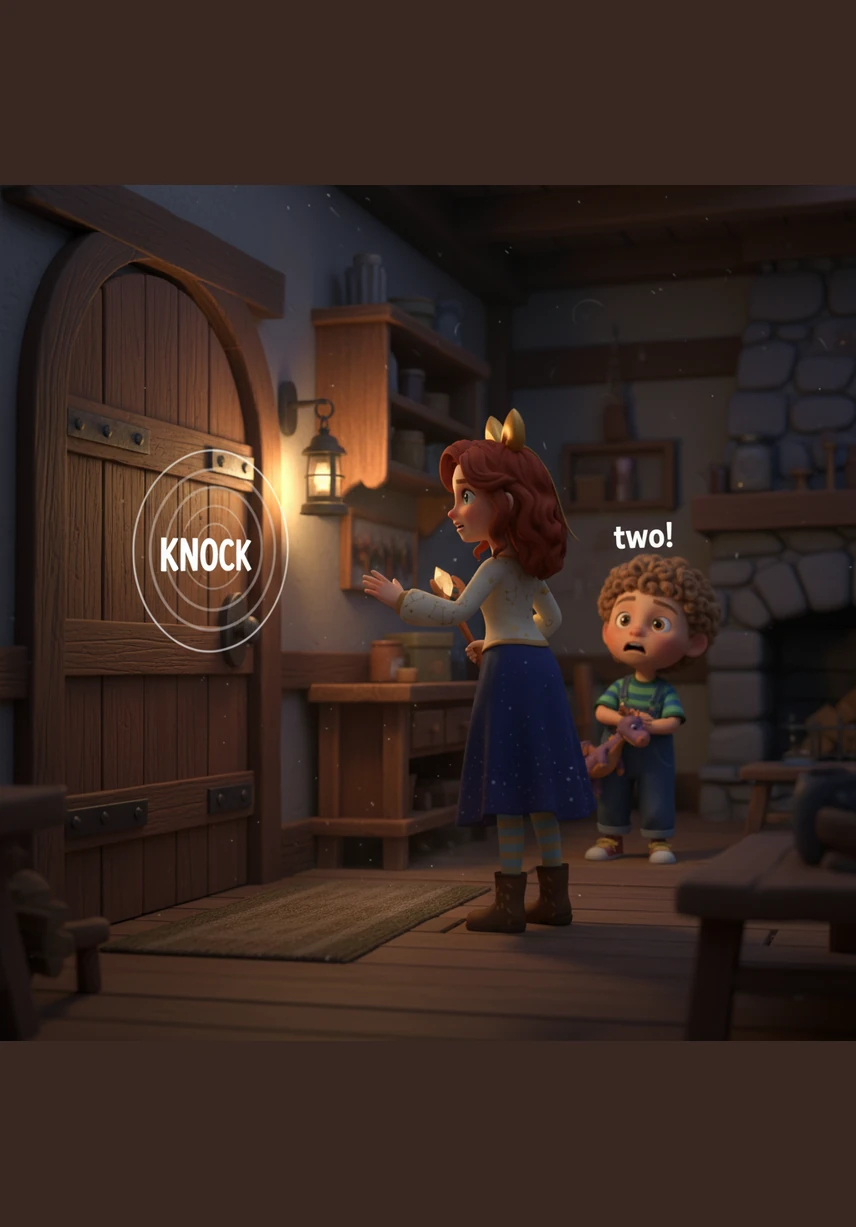 Another loud knock vibrates through the wooden floorboards, closer and more forceful than the first one. From the living room, Leo’s trembling voice follows her, counting the second knock as the tension in the silent house reaches a breaking point.