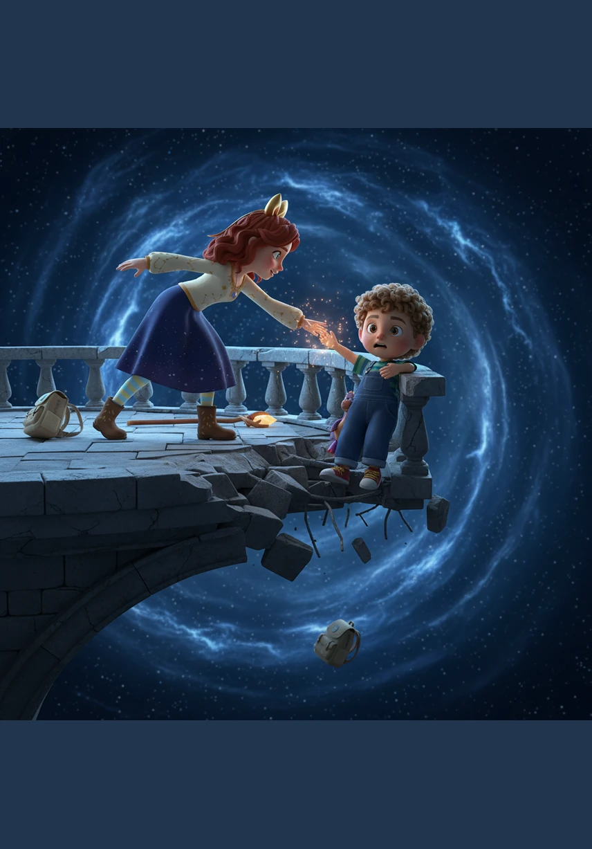 Elara reaches the heavy wooden back door and peers through the small glass pane into the swirling darkness and rain. Outside, the porch is a blur of gray water, and the wind chimes clash violently together in a frantic, metallic rhythm that sounds like a warning.