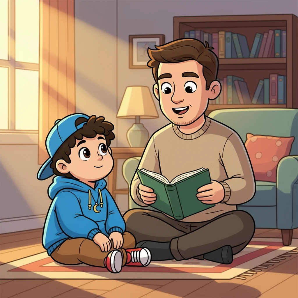 Ahmad sat beside his father, listening intently as he recited Sūrat al-Muddathir in a melodious voice. The warm glow of the evening light filled the room. Ahmad, eyes wide with wonder, felt a sense of peace and reverence wash over him as he listened to his father's beautiful recitation.