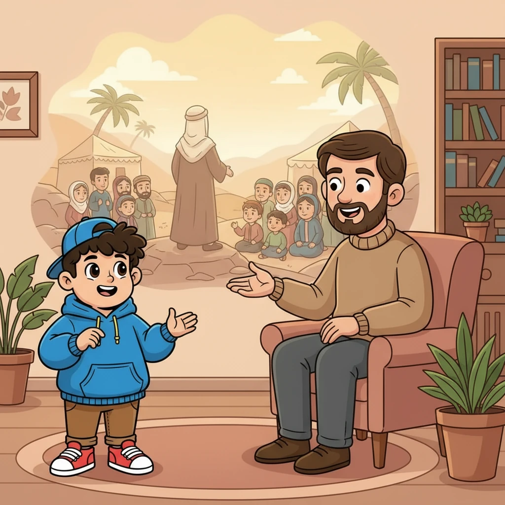 Ahmad excitedly asked his father about the sūrah, recalling his Islamic Education teacher's explanation. His father smiled, explaining how the Prophet ﷺ began to call his family and friends to worship Allah alone after receiving the revelation. The image of the Prophet's ﷺ early efforts filled Ahmad's imagination.