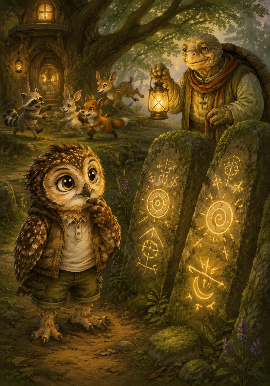 Oliver was a fluffy little owl who lived in a grand oak tree, but unlike the older owls, he did not know how to read the stars or understand the wind. While his friends played tag in the bushes, Oliver often stared at the mysterious, glowing symbols carved into the ancient forest stones, wishing he knew what they meant.