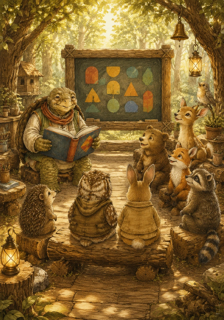 One sunny morning, Oliver decided to visit the Forest School, where Kindly Tortoise, the village teacher, was opening a large, colorful book. The classroom was filled with eager little animals sitting on log benches, pointing at bright letters painted on a wooden chalkboard.