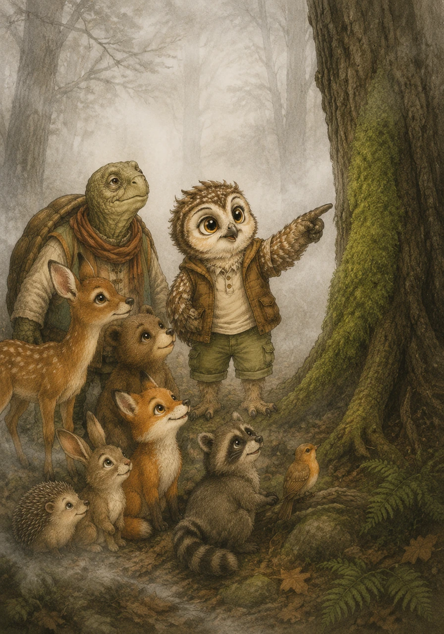 Later that week, a thick, confusing fog rolled into the woods, making it hard for the animals to find their way home. Remembering a science lesson about how moss always grows on the north side of trees, Oliver confidently pointed his friends in the right direction.
