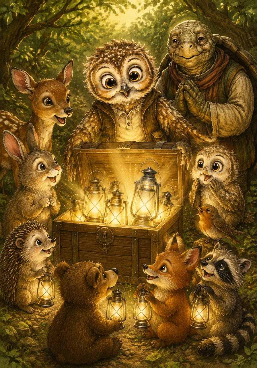 That afternoon, the animals found an old wooden treasure chest locked tight with a puzzle that required adding numbers together. Thanks to his math lessons, Oliver easily solved the puzzle, and the chest popped open to reveal beautiful, glowing lanterns for the whole village.