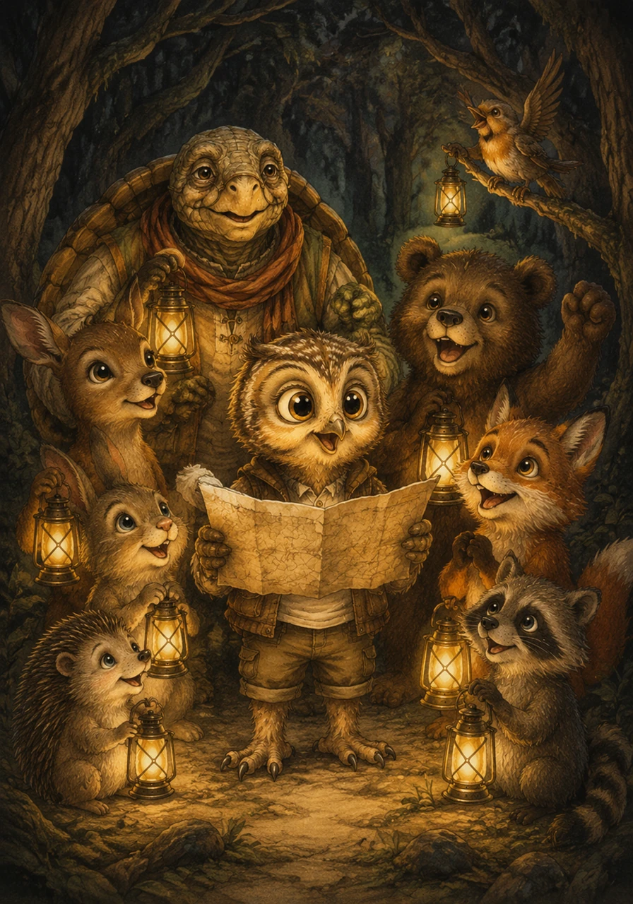 With their new lanterns, the animals followed an old map that Oliver proudly read aloud, guiding them safely through the shadowy parts of the woods. Everyone cheered for Oliver, realizing that his willingness to learn had saved their afternoon adventure.