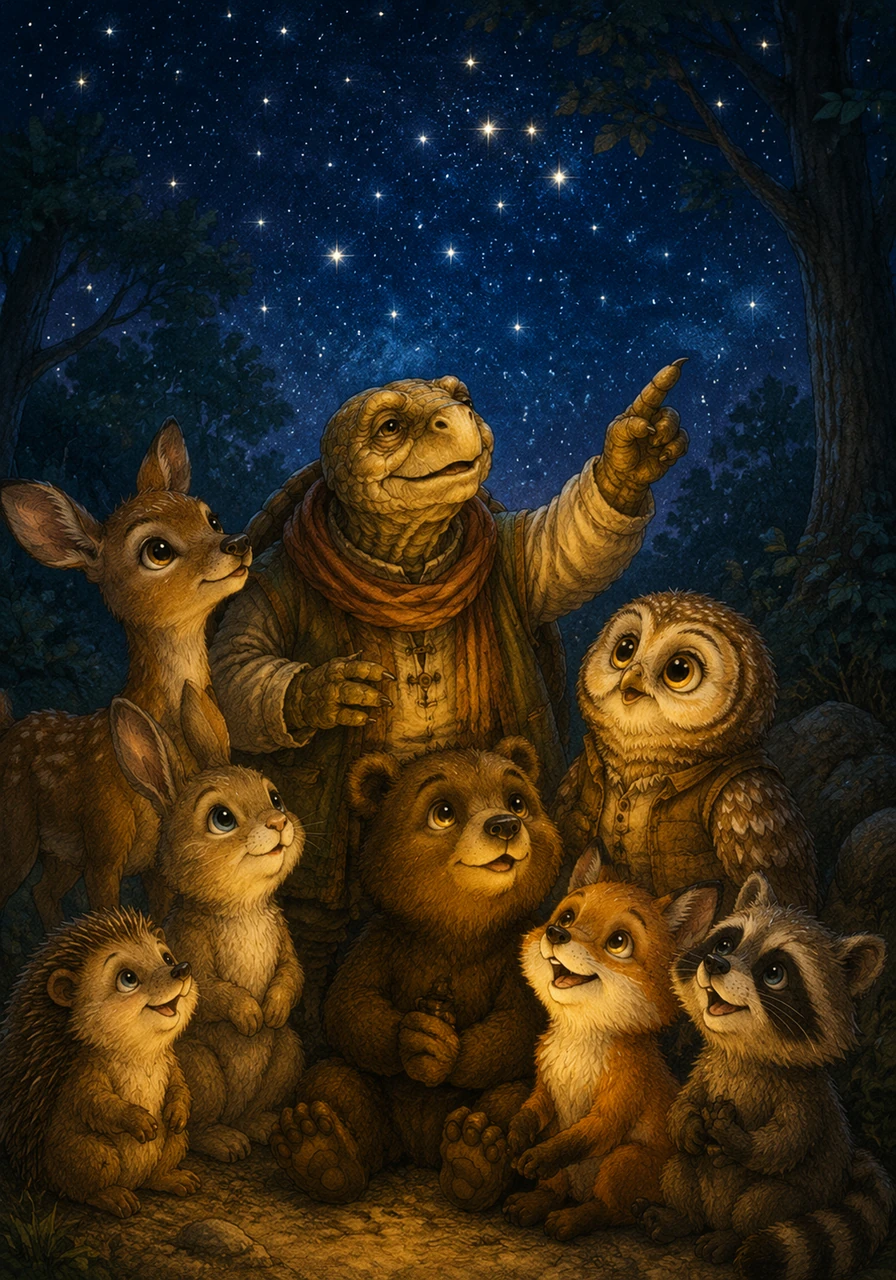 He shared his knowledge with the younger animals, teaching them how to read the signs of the forest and count the stars in the night sky. The woods became a happier, safer place because everyone was eager to learn from one another.