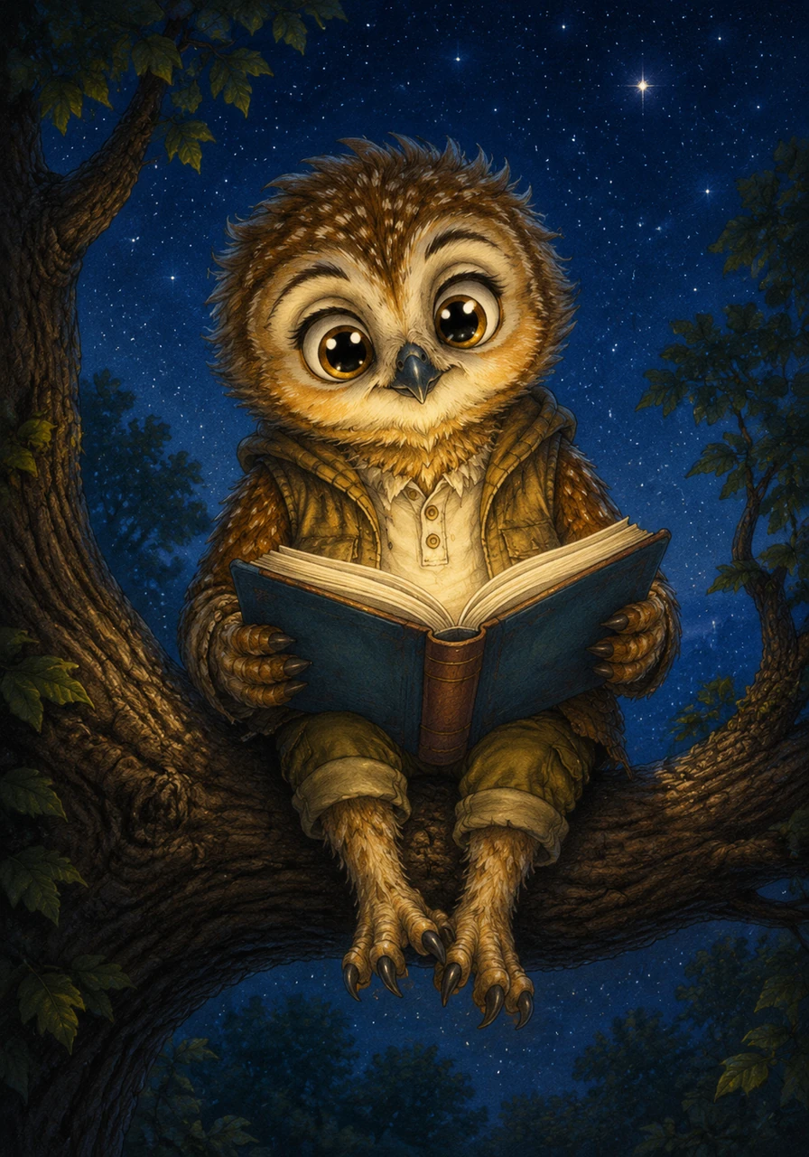 Perched on his favorite branch under a blanket of stars, Oliver smiled down at his open book with confidence. He finally understood that education was a magical key, opening doors to endless adventures and helping him protect the home he loved.
