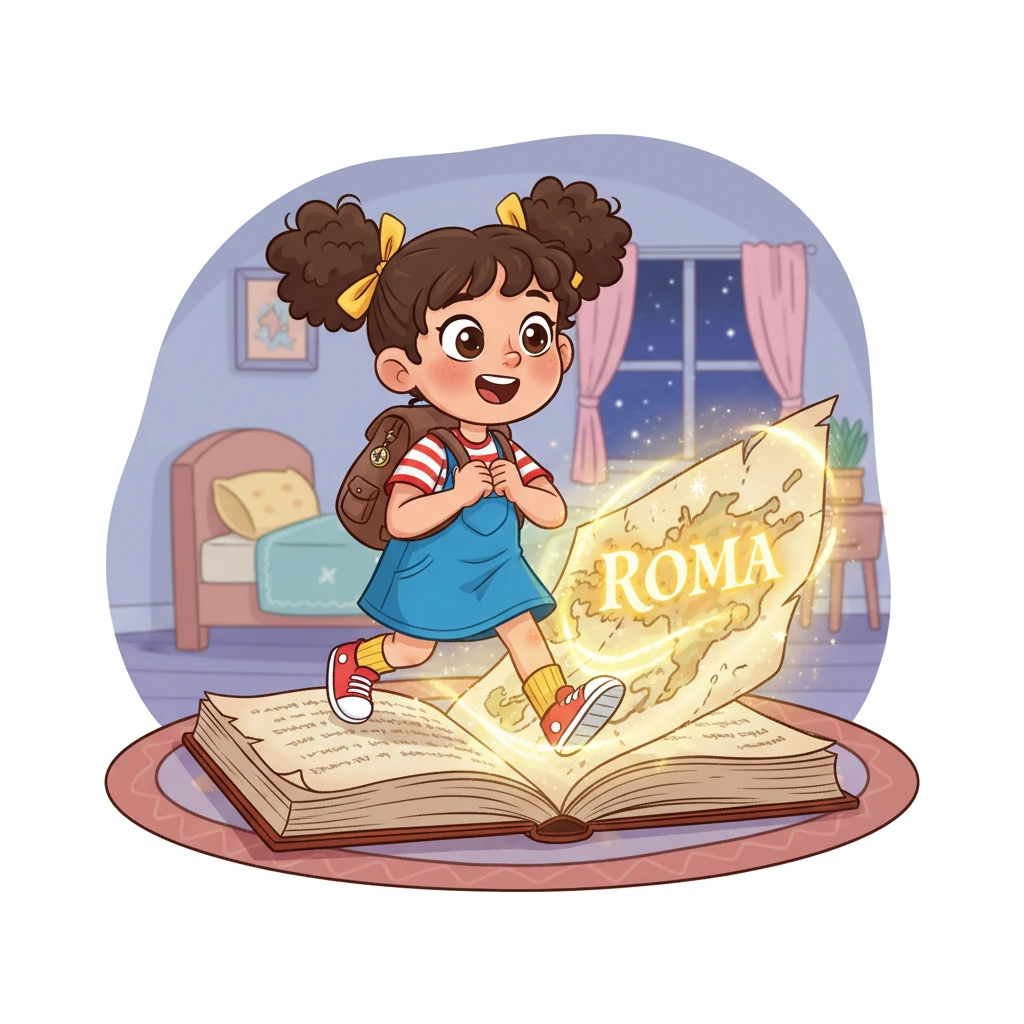 Clara la Curiosa, una niña con ojos chispeantes y una mochila llena de curiosidad, soñaba con viajar. Un día, abrió un libro mágico y ¡zas!, se encontró frente a un mapa antiguo que brillaba con el nombre "Roma". Su corazón dio un salto de emoción, lista para una gran aventura.
