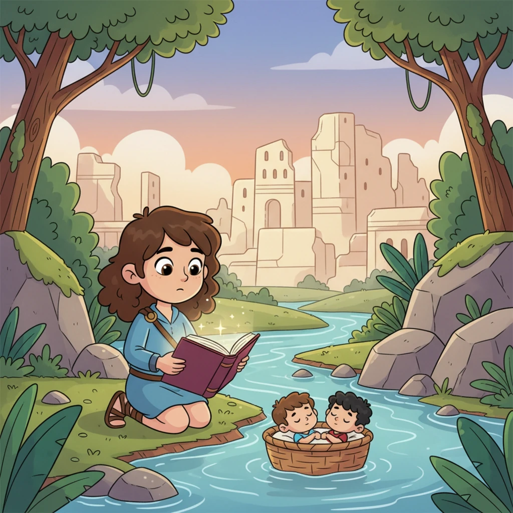 De repente, el libro la llevó a un río misterioso. Allí, en una cesta flotante, dos bebés diminutos y adorables, Rómulo y Remo, dormían tranquilamente. Habían sido abandonados, pero el destino tenía otros planes para ellos.