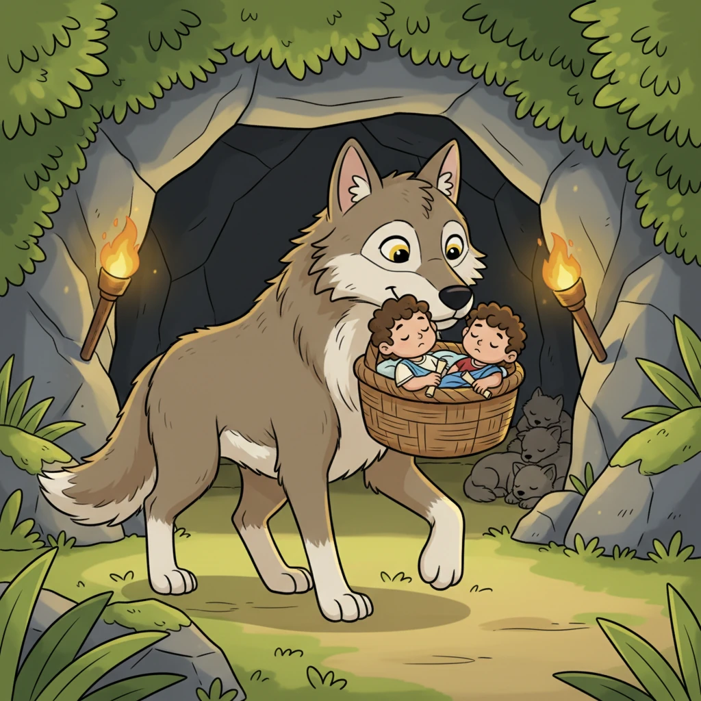 Una loba grande y bondadosa, con un pelaje suave y ojos protectores, encontró la cesta. Con mucho cuidado, llevó a los pequeños huérfanos a su guarida. Ella los amamantó y los cuidó como si fueran sus propios cachorros.
