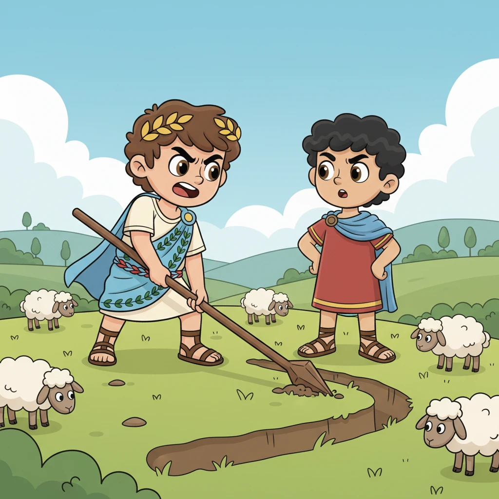 Rómulo y Remo crecieron fuertes y valientes, pastores de ovejas. Un día, decidieron fundar una ciudad, pero no se ponían de acuerdo en el lugar. Una discusión estalló, y en un momento de ira, Rómulo trazó el límite de su ciudad.