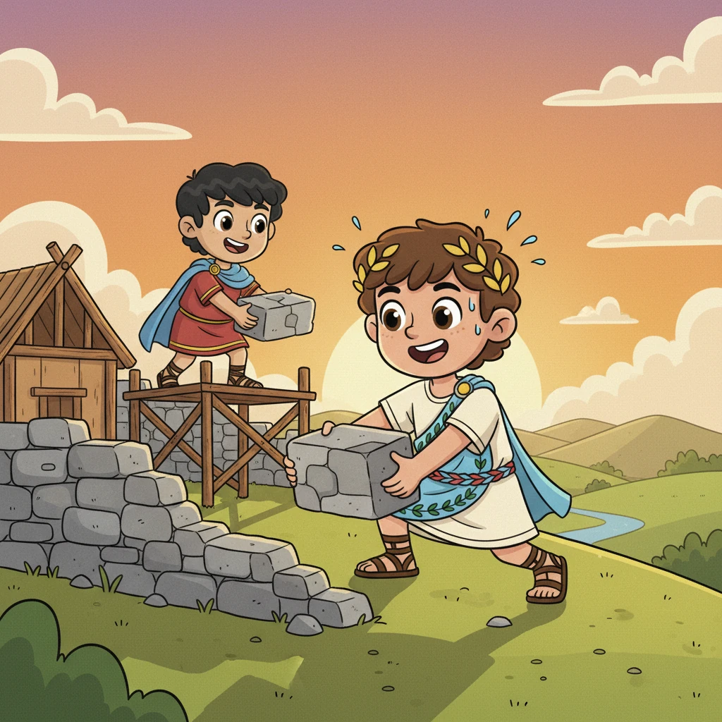 Así nació Roma, una pequeña aldea en el monte Palatino. Rómulo, el primer rey, comenzó a construir las primeras casas y murallas. Con cada piedra que colocaba, la ciudad crecía, lista para convertirse en algo grandioso.