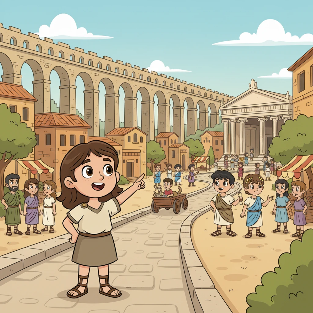 Con el tiempo, Roma se transformó en un imperio poderoso. Los romanos construyeron acueductos impresionantes, carreteras que conectaban vastas tierras y foros bulliciosos donde la gente comerciaba y charlaba. La ciudad era un hervidero de vida y sabiduría.