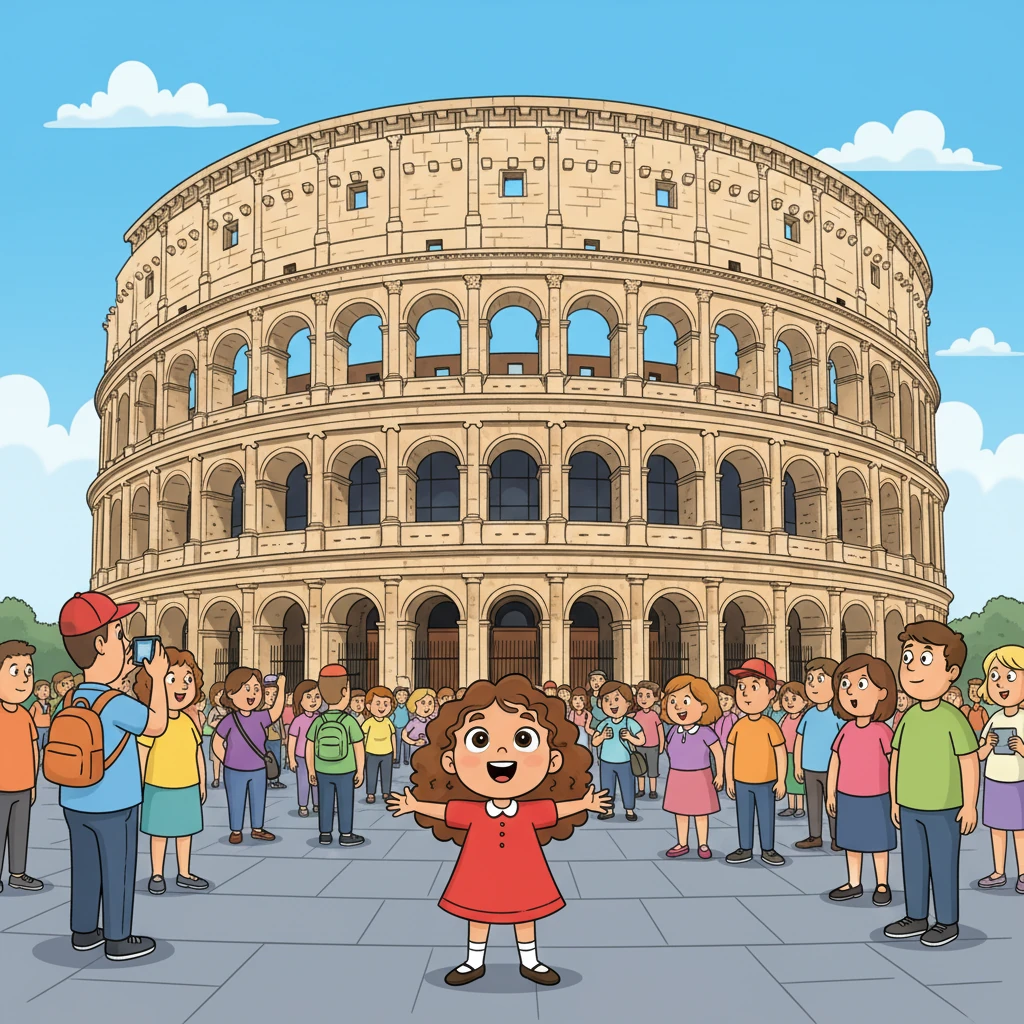 Un giro mágico llevó a Clara al futuro, a la Roma de hoy. Se encontró de pie frente al majestuoso Coliseo, una estructura gigante de piedra con arcos imponentes. La multitud de turistas la rodeaba, todos maravillados por su grandeza.