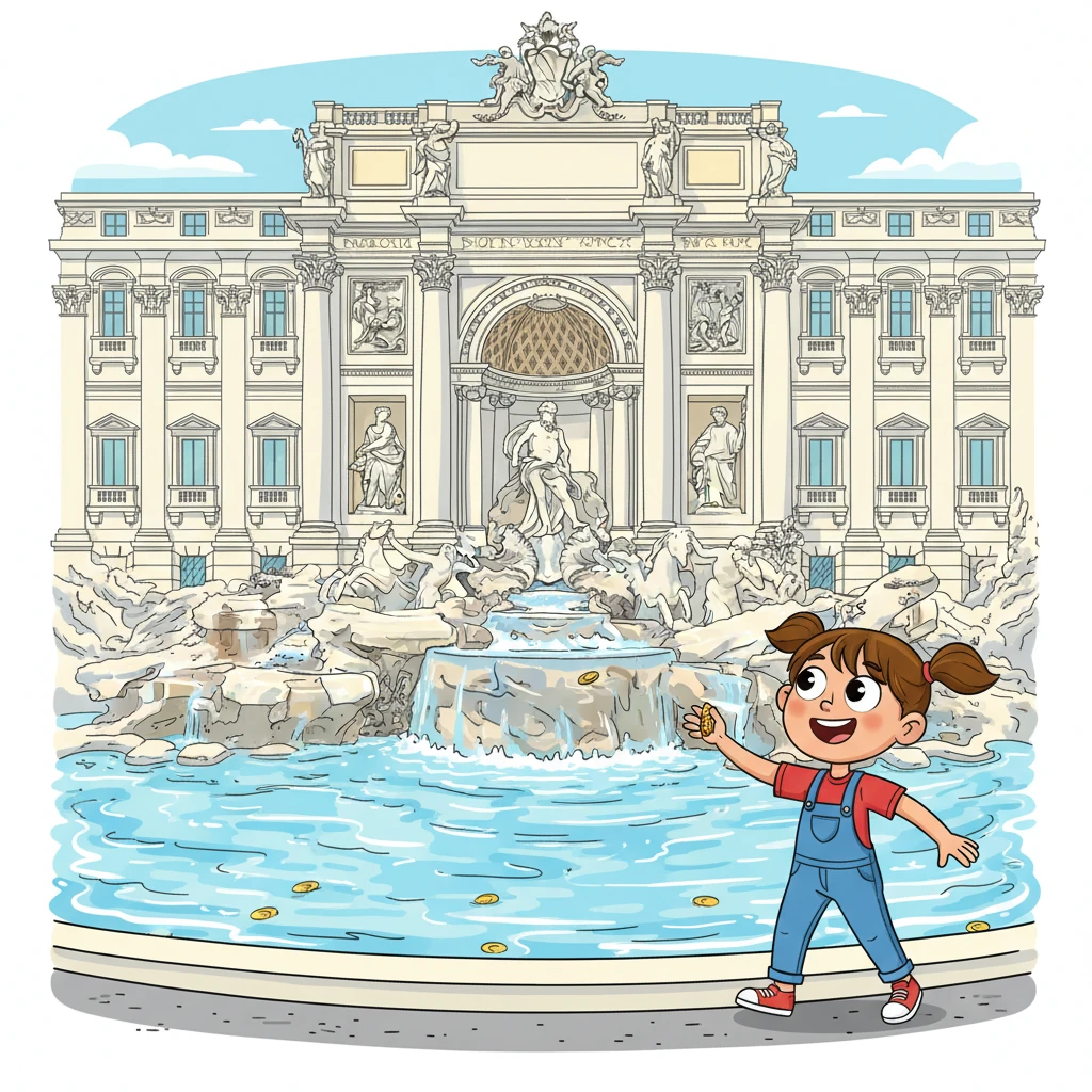 Luego, Clara descubrió la deslumbrante Fontana di Trevi. El agua cristalina fluía sobre esculturas de mármol, creando un espectáculo mágico. La tradición dice que si lanzas una moneda, ¡seguro que vuelves a Roma! Clara no dudó en lanzar una.