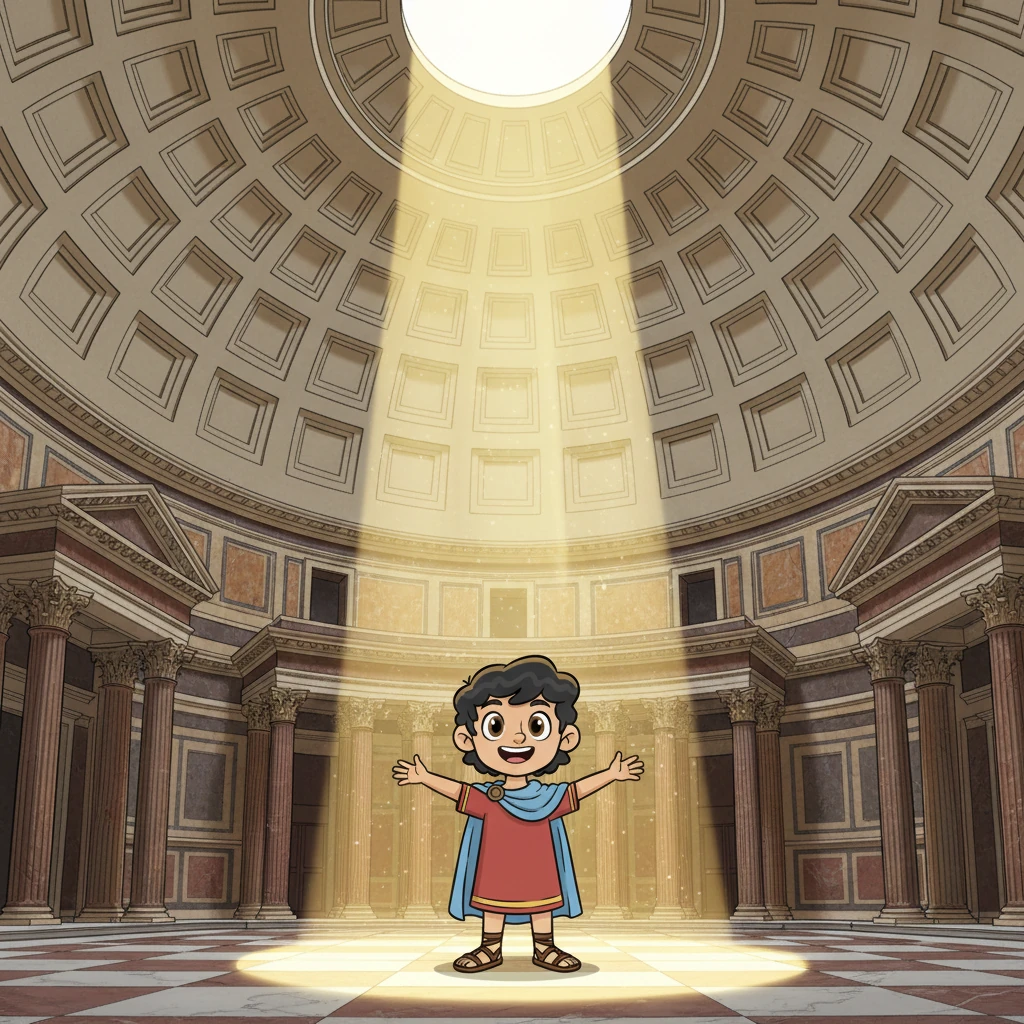 Finalmente, Clara visitó el Panteón, un antiguo templo romano convertido en iglesia. Su cúpula con un agujero en el centro, llamado óculo, permitía que la luz del sol iluminara el interior. Clara sonrió, sabiendo que había descubierto el corazón latente de Roma, una ciudad de leyendas y maravillas.