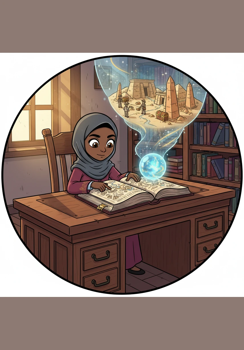 Amina sat at her wooden desk, the smell of old paper filling her nose as she flipped through a heavy history book. Suddenly, the words on the page began to glow with a soft, golden light that spilled out onto her hands. The classroom walls blurred and faded away, replaced by the sudden warmth of a desert sun.