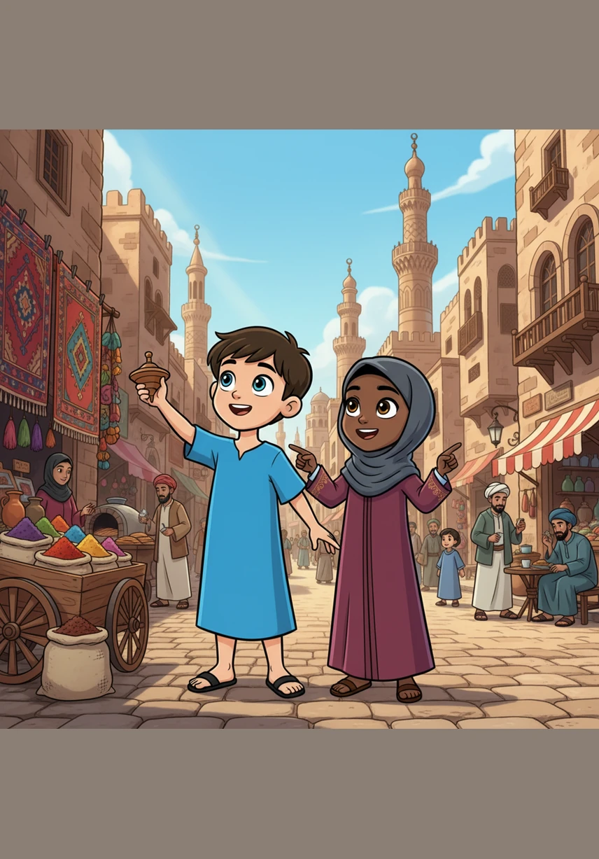 Yusuf led Amina down the grand Al-Mu'izz Street, where massive stone gates stood like silent, majestic giants. The architecture was breathtaking, featuring intricate geometric carvings and towering minarets that seemed to touch the clouds. Amina ran her hand along the cool, ancient stone, realizing this was no longer just a page in a history book.