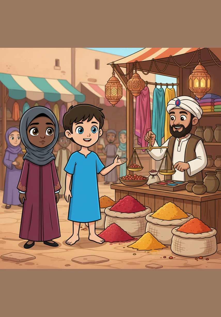 They stopped at a bustling bazaar where merchants shouted out the prices of their shimmering, colorful wares. Sacks of deep red saffron and golden turmeric created a rainbow on the ground, while ornate copper lanterns tinkled softly in the breeze. Yusuf showed her how the traders used brass scales to weigh precious goods brought from lands across the seas.