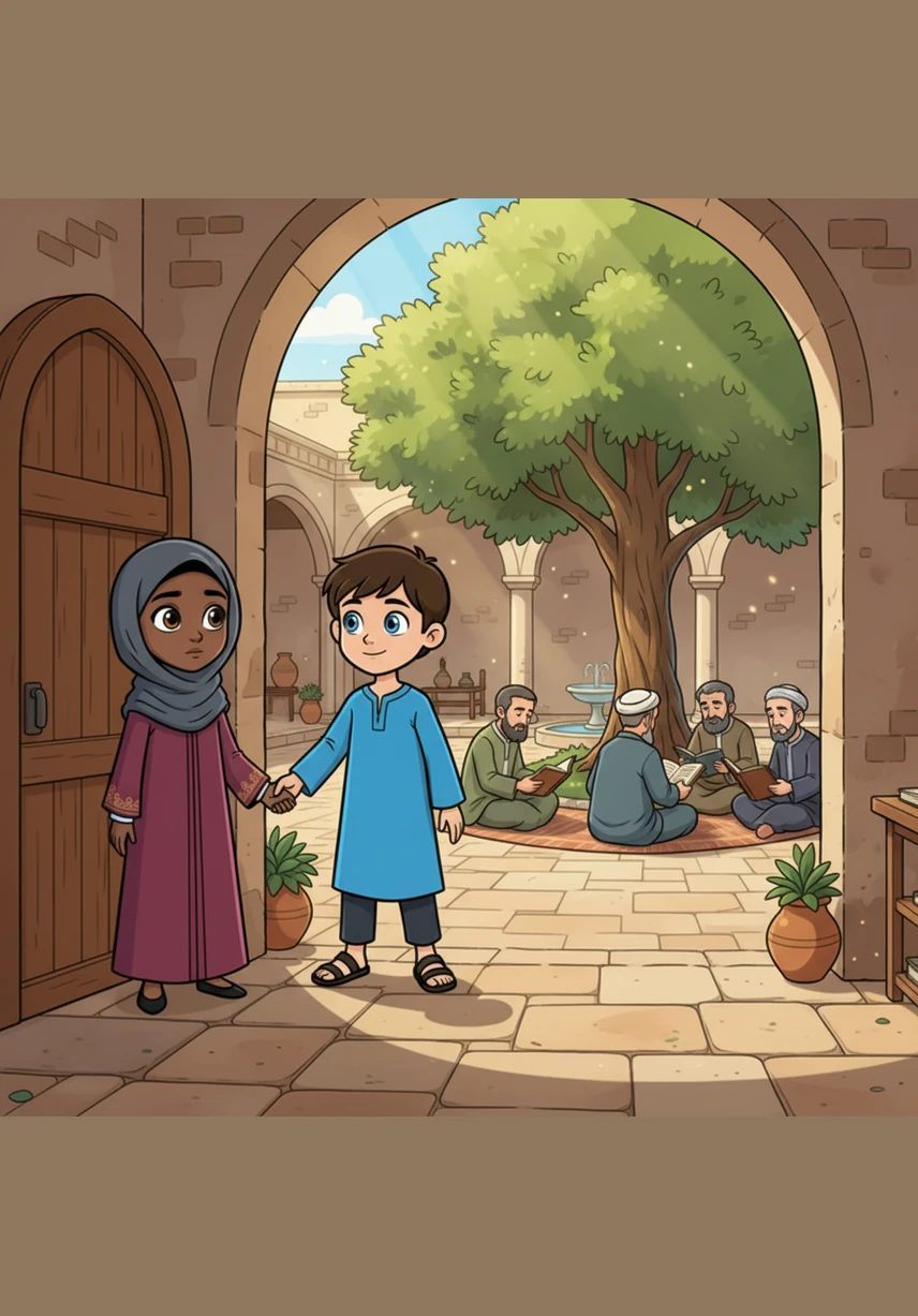 Yusuf took her to a quiet, sun-drenched courtyard filled with scholars sitting on woven mats, surrounded by tall stacks of parchment. They were discussing the movement of the stars and the secrets of medicine in a place where knowledge was more valuable than gold. Amina watched in awe as a calligrapher dipped his reed pen into dark ink to create beautiful, flowing script.